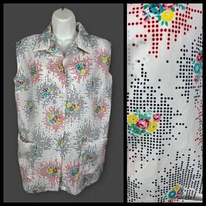 Vintage 70s Boho White Floral Tank Top Womens 44 Polyester Dagger Collar Large